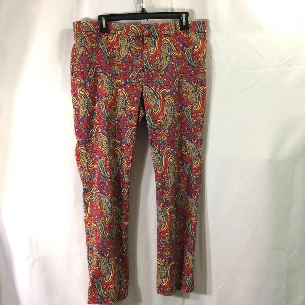 Lauren Ralph Lauren Red Paisley Pants Size 14 Stretch Cotton Ankle Zip Front